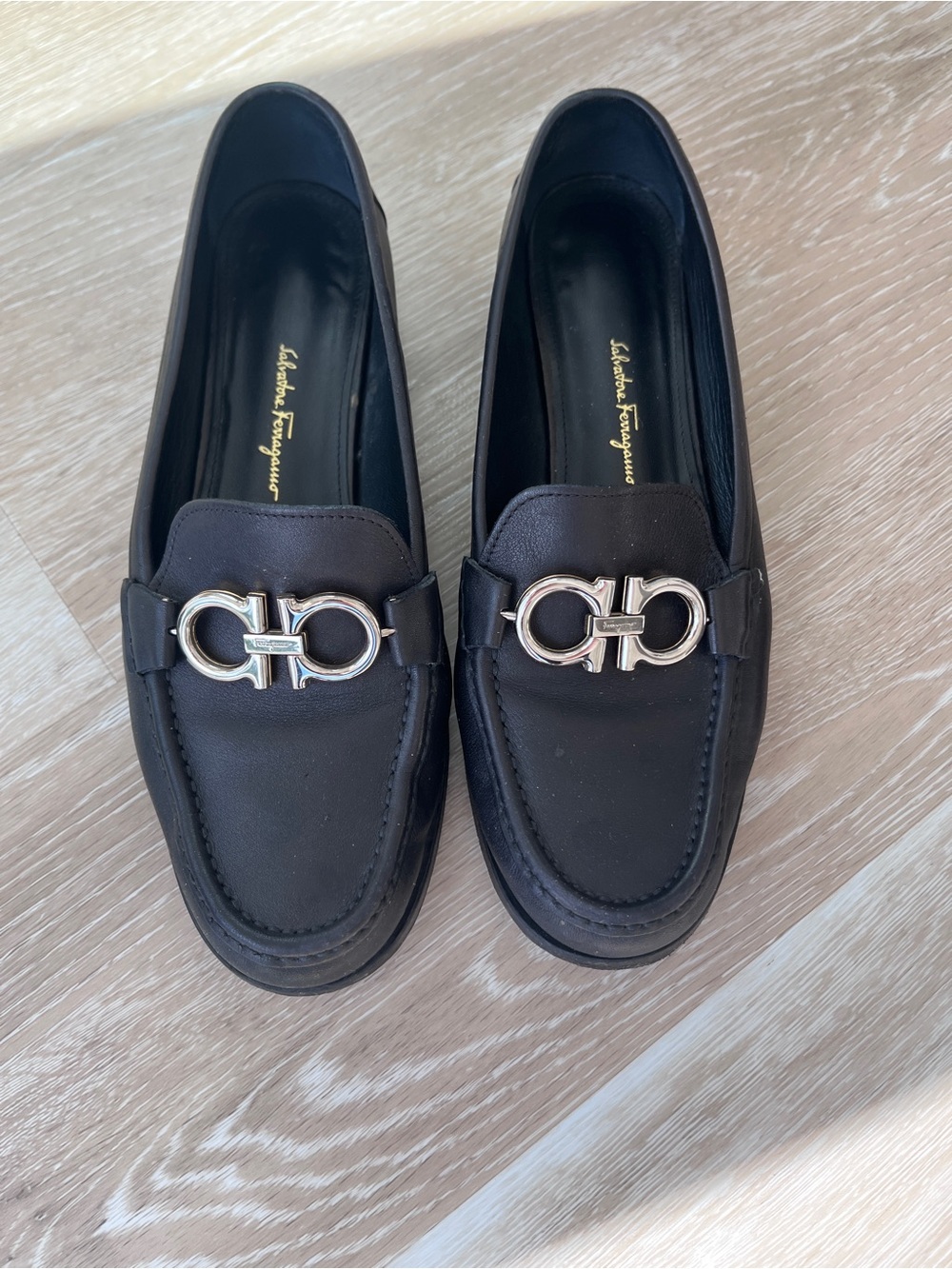 Salvatore Ferragamo Gancini Black Leather Loafer with Silver Signature Logo